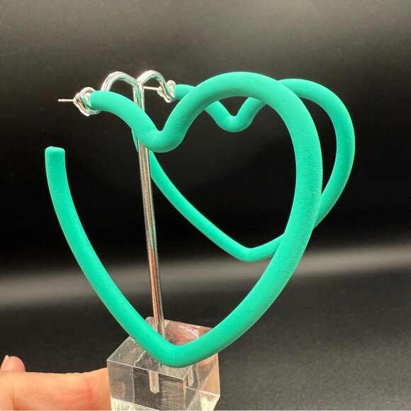 Large Teal Green Heart Hoop Earrings - Pierced - Picture 8 of 10